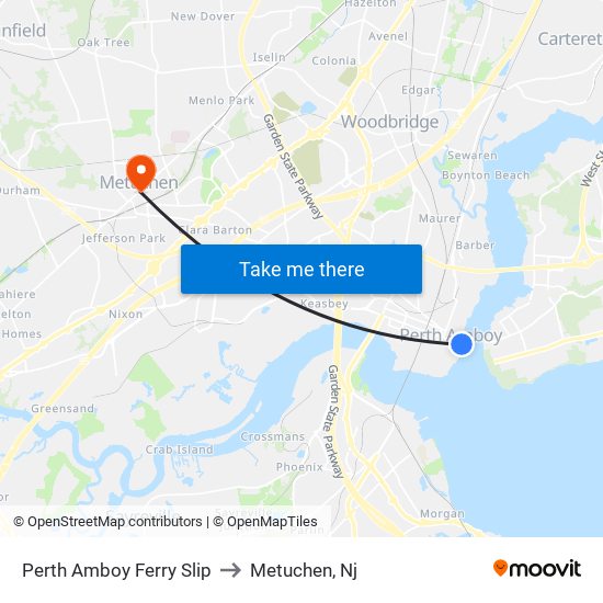 Perth Amboy Ferry Slip to Metuchen, Nj map