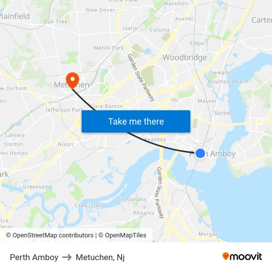 Perth Amboy to Metuchen, Nj map