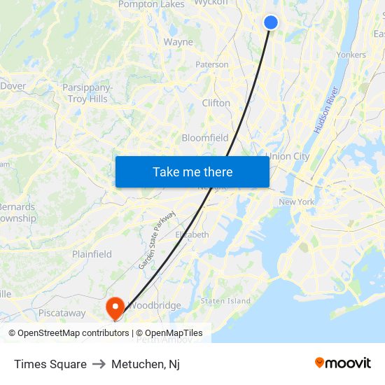 Times Square to Metuchen, Nj map