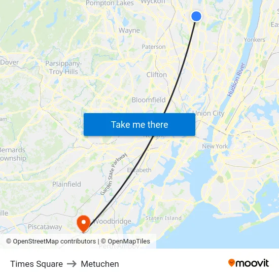 Times Square to Metuchen map