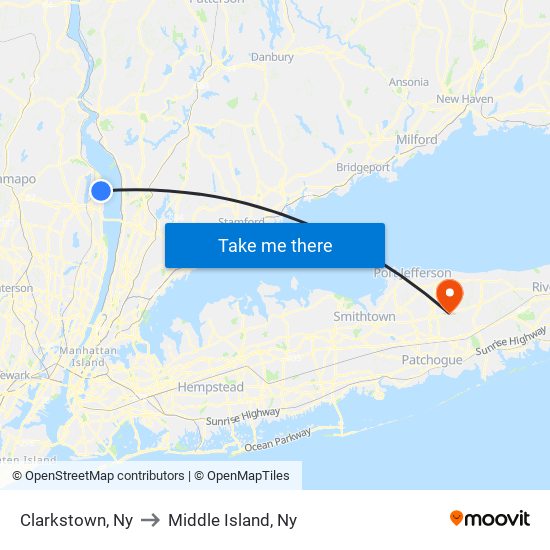 Clarkstown, Ny to Middle Island, Ny map