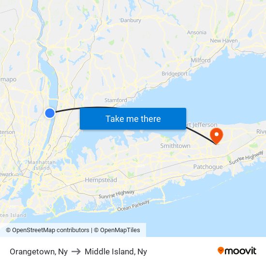 Orangetown, Ny to Middle Island, Ny map