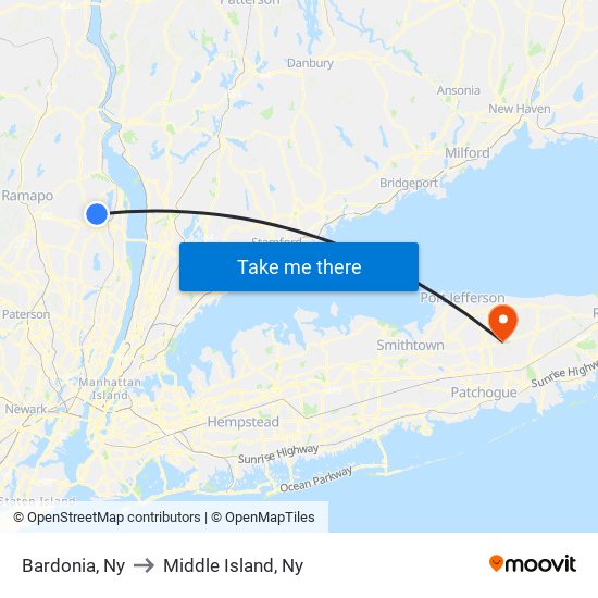 Bardonia, Ny to Middle Island, Ny map