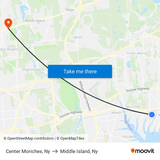 Center Moriches, Ny to Middle Island, Ny map