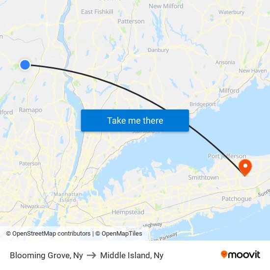 Blooming Grove, Ny to Middle Island, Ny map