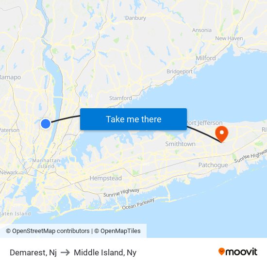 Demarest, Nj to Middle Island, Ny map