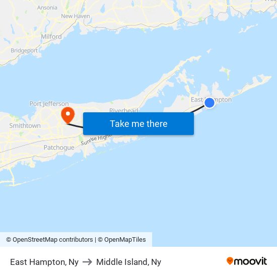 East Hampton, Ny to Middle Island, Ny map