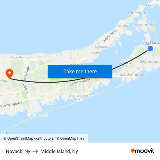 Noyack, Ny to Middle Island, Ny map