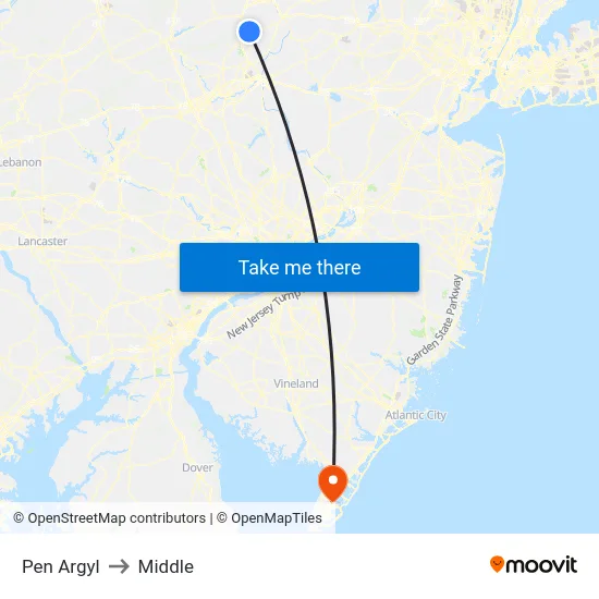 Pen Argyl to Middle map