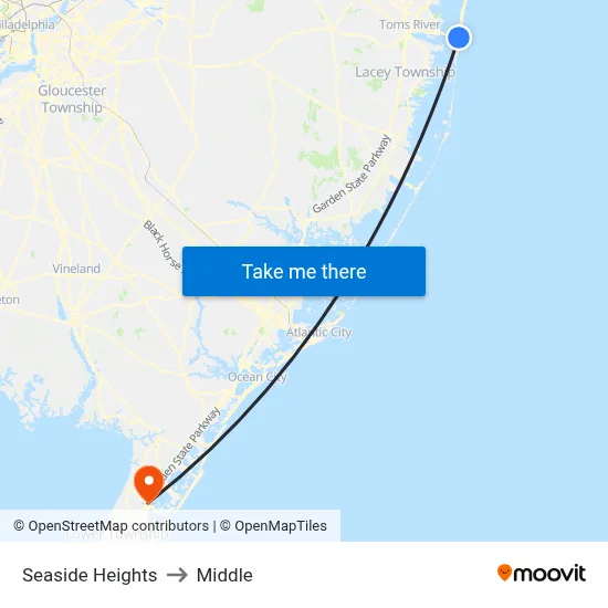 Seaside Heights to Middle map
