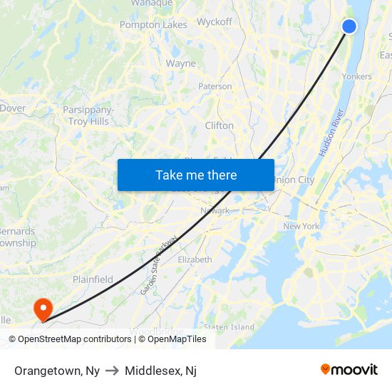 Orangetown, Ny to Middlesex, Nj map