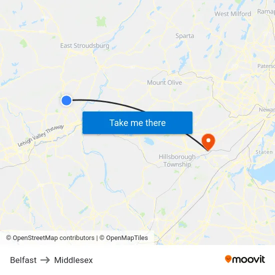 Belfast to Middlesex map