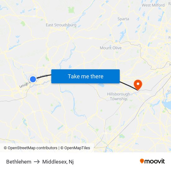 Bethlehem to Middlesex, Nj map