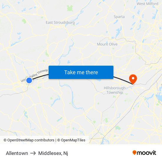 Allentown to Middlesex, Nj map