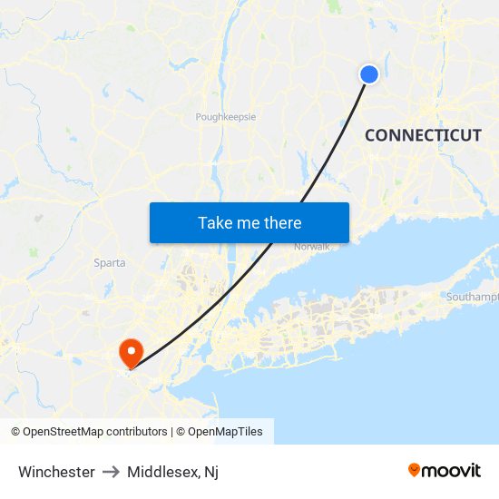 Winchester to Middlesex, Nj map