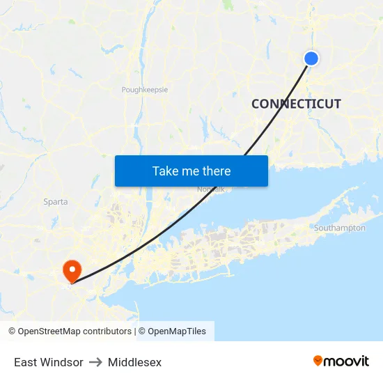 East Windsor to Middlesex map