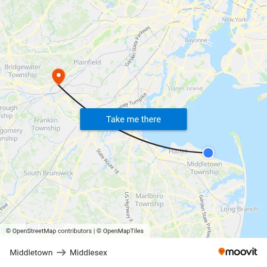 Middletown to Middlesex map