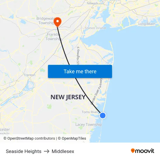 Seaside Heights to Middlesex map