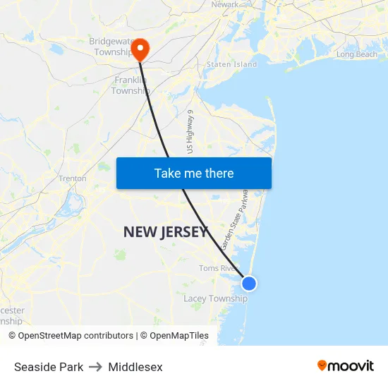 Seaside Park to Middlesex map