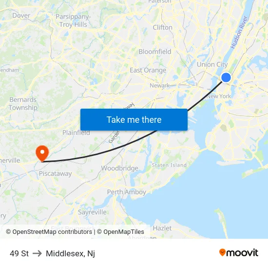 49 St to Middlesex, Nj map