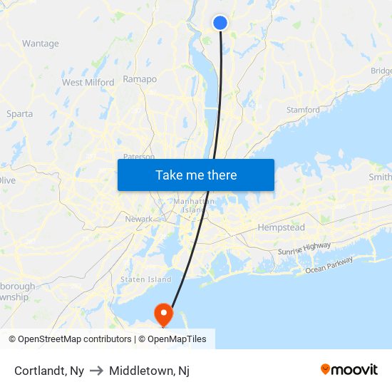 Cortlandt, Ny to Middletown, Nj map