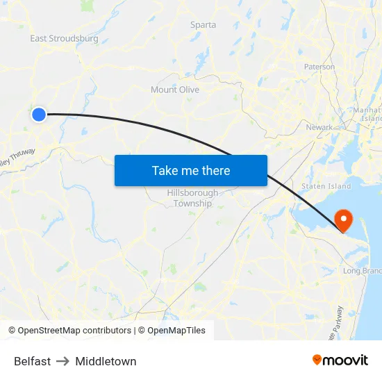 Belfast to Middletown map