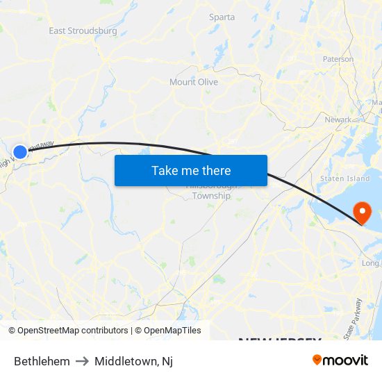 Bethlehem to Middletown, Nj map