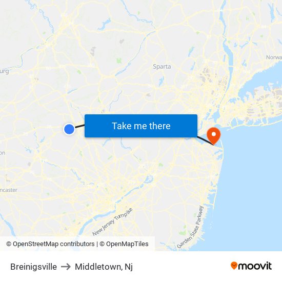 Breinigsville to Middletown, Nj map
