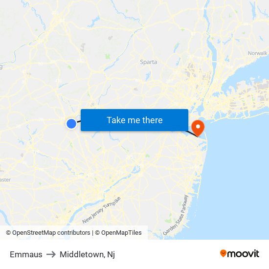 Emmaus to Middletown, Nj map