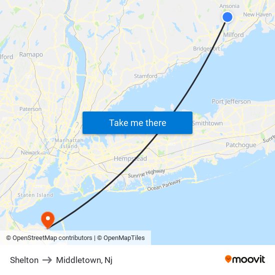 Shelton to Middletown, Nj map