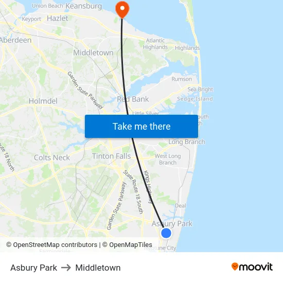 Asbury Park to Middletown map