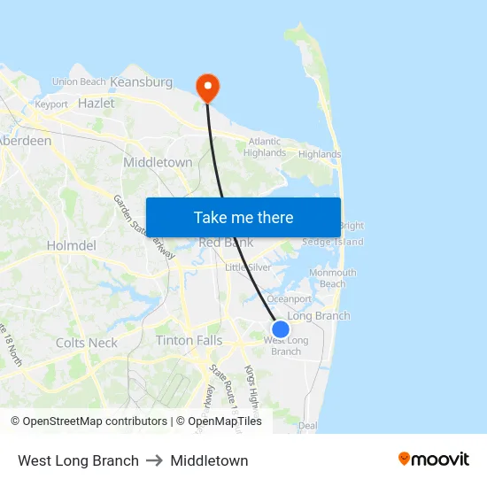 West Long Branch to Middletown map