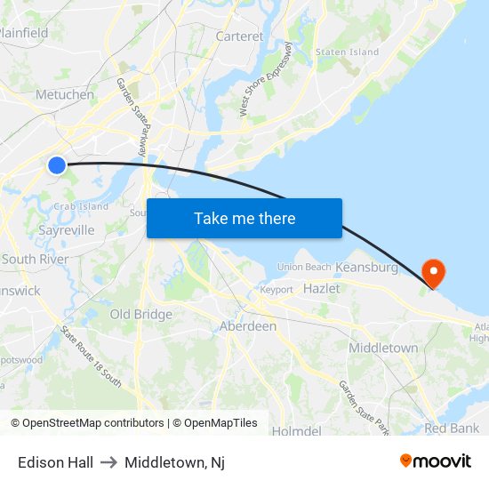 Edison Hall to Middletown, Nj map