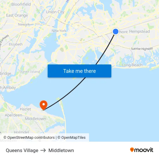 Queens Village to Middletown map