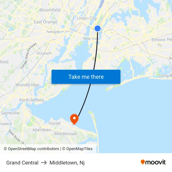 Grand Central to Middletown, Nj map