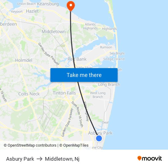 Asbury Park to Middletown, Nj map