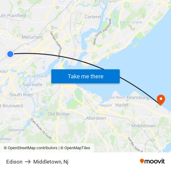 Edison to Middletown, Nj map