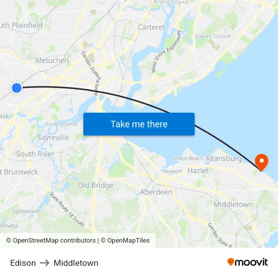Edison to Middletown map
