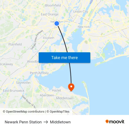 Newark Penn Station to Middletown map
