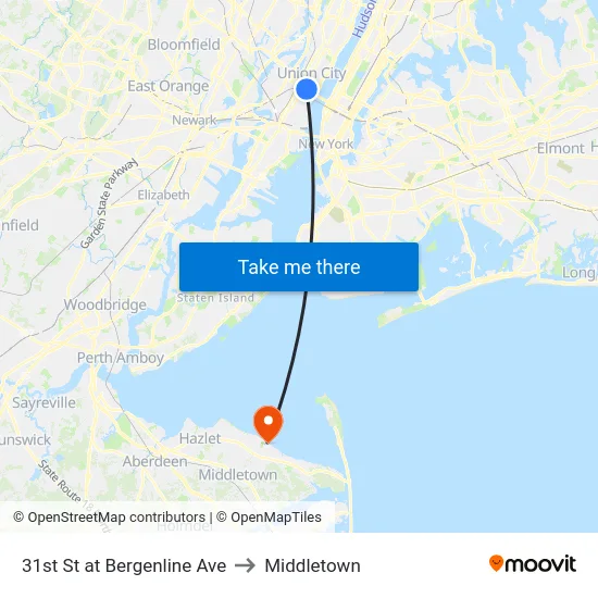 31st St at Bergenline Ave to Middletown map