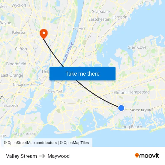 Valley Stream to Maywood map