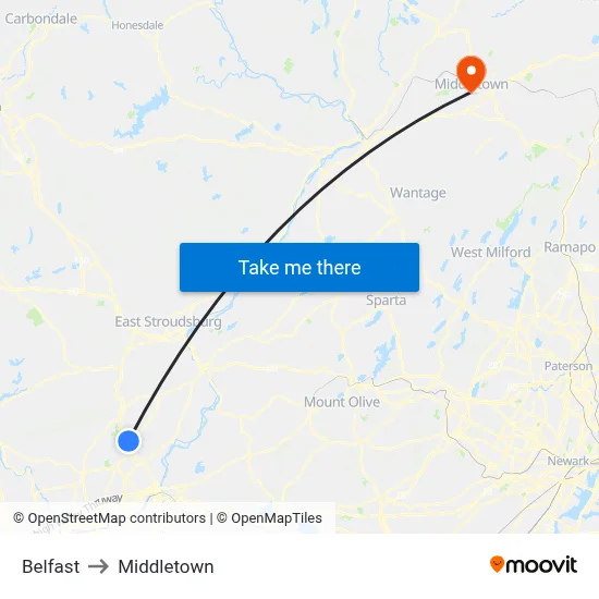Belfast to Middletown map