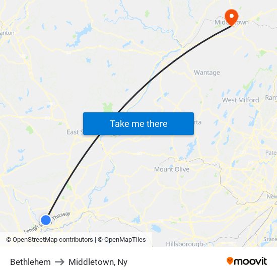 Bethlehem to Middletown, Ny map