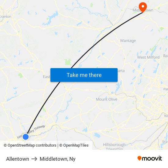 Allentown to Middletown, Ny map