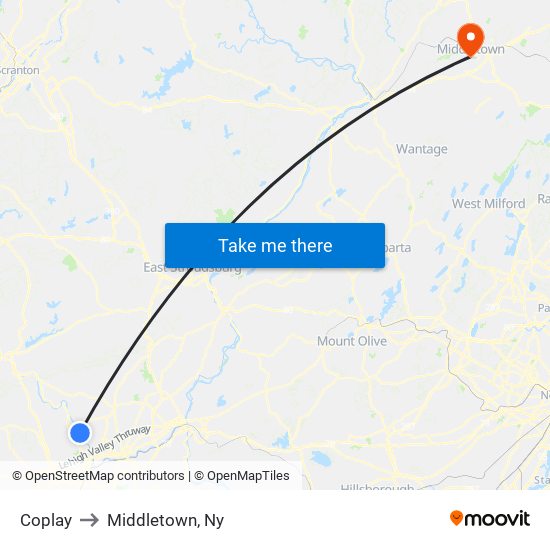 Coplay to Middletown, Ny map