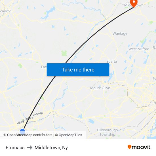 Emmaus to Middletown, Ny map