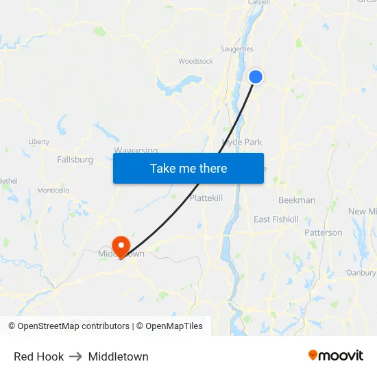 Red Hook to Middletown map
