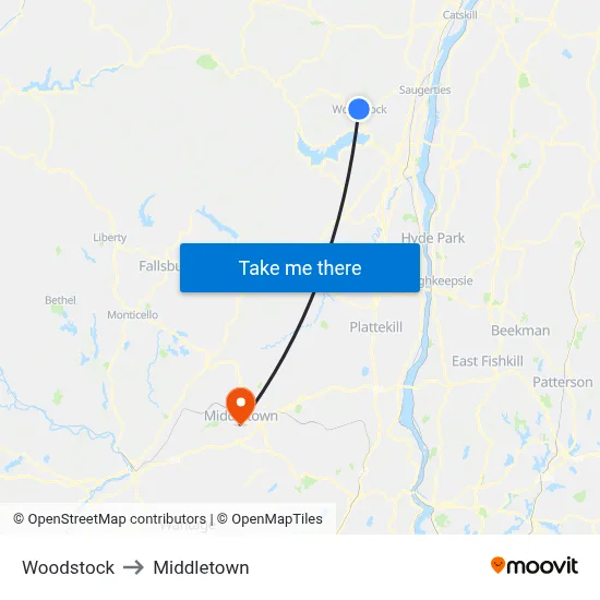 Woodstock to Middletown map