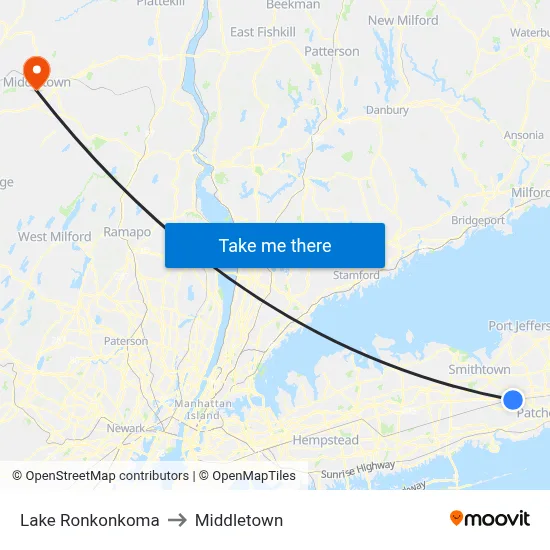 Lake Ronkonkoma to Middletown map