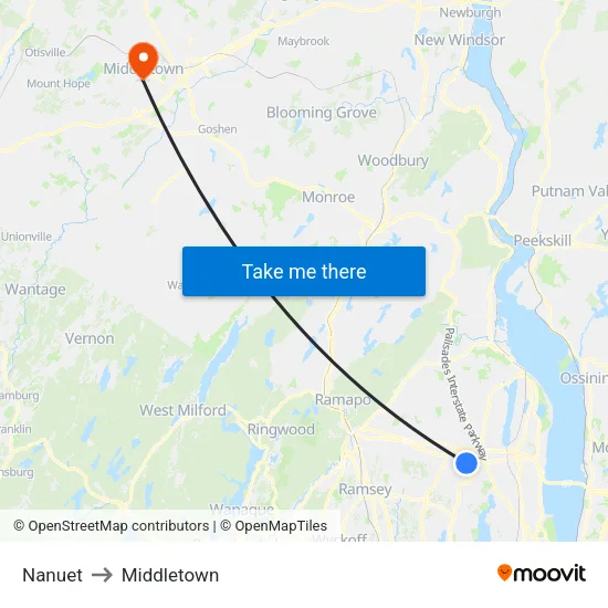 Nanuet to Middletown map